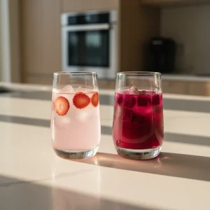 Two glasses of homemade Starbucks refreshers, strawberry acai and mango dragonfruit, sitting on a white marble counter in a sunlit kitchen.