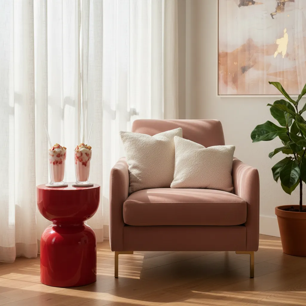 Blush pink velvet armchair with creamy white accents and red side table
