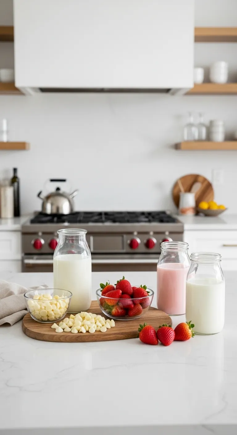 White chocolate chips and fresh strawberries on a marble kitchen island
