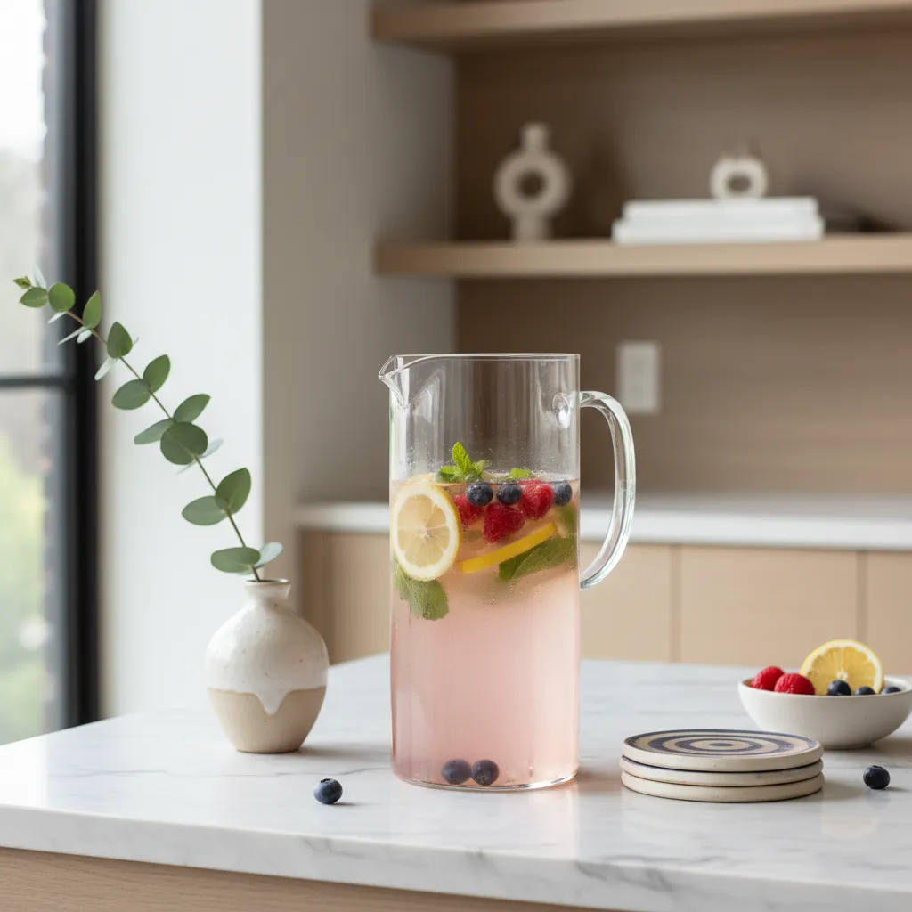 Elegant drink station with glass pitcher and ceramic coasters