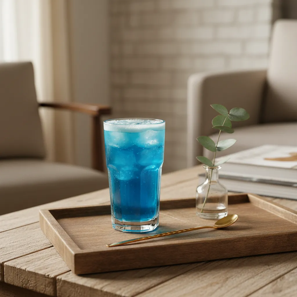 Finished electric berry drink on a wood tray with gold accessories and ambient lighting