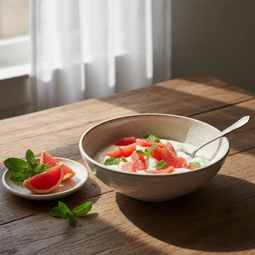 Ceramic breakfast bowl with greek yogurt and red grapefruit on a rustic wood table with linen napkins