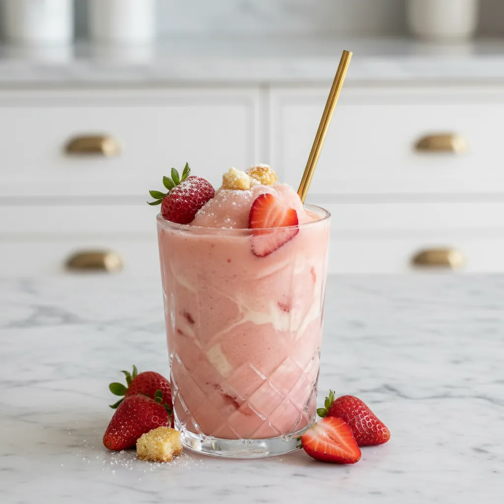 Marble countertop with crystal glass containing strawberry slush and gold accessories