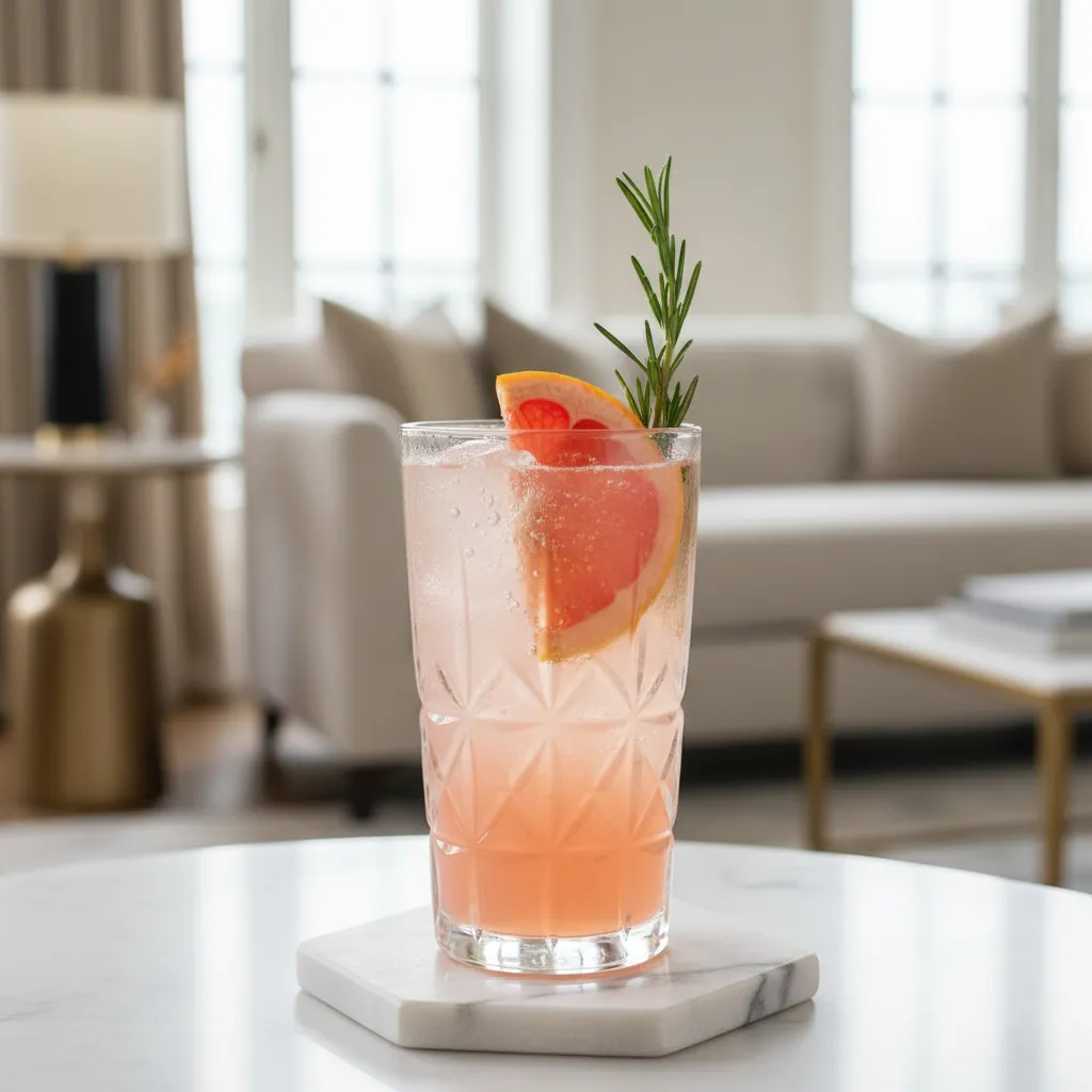 Sparkling red grapefruit mocktail with rosemary garnish on a marble coaster