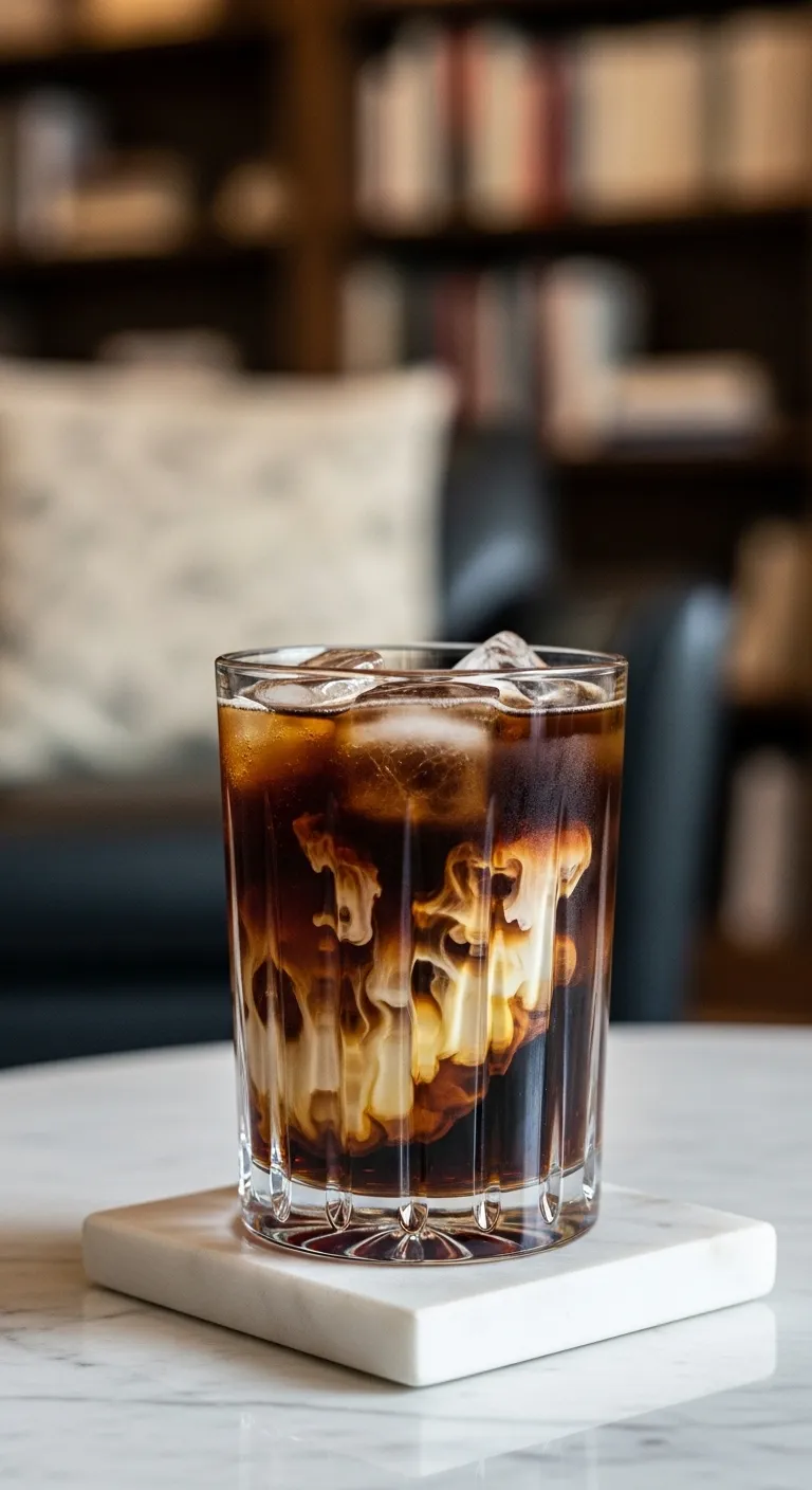 Crystal glass with Dr Pepper and vanilla cream on a marble coaster