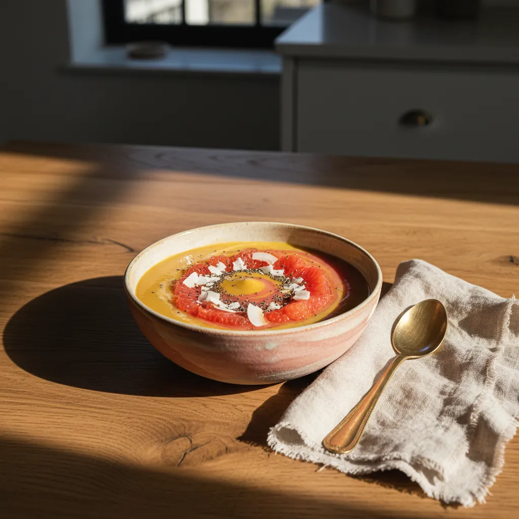 Artisanal ceramic bowl with yellow turmeric and pink grapefruit smoothie on a wooden table