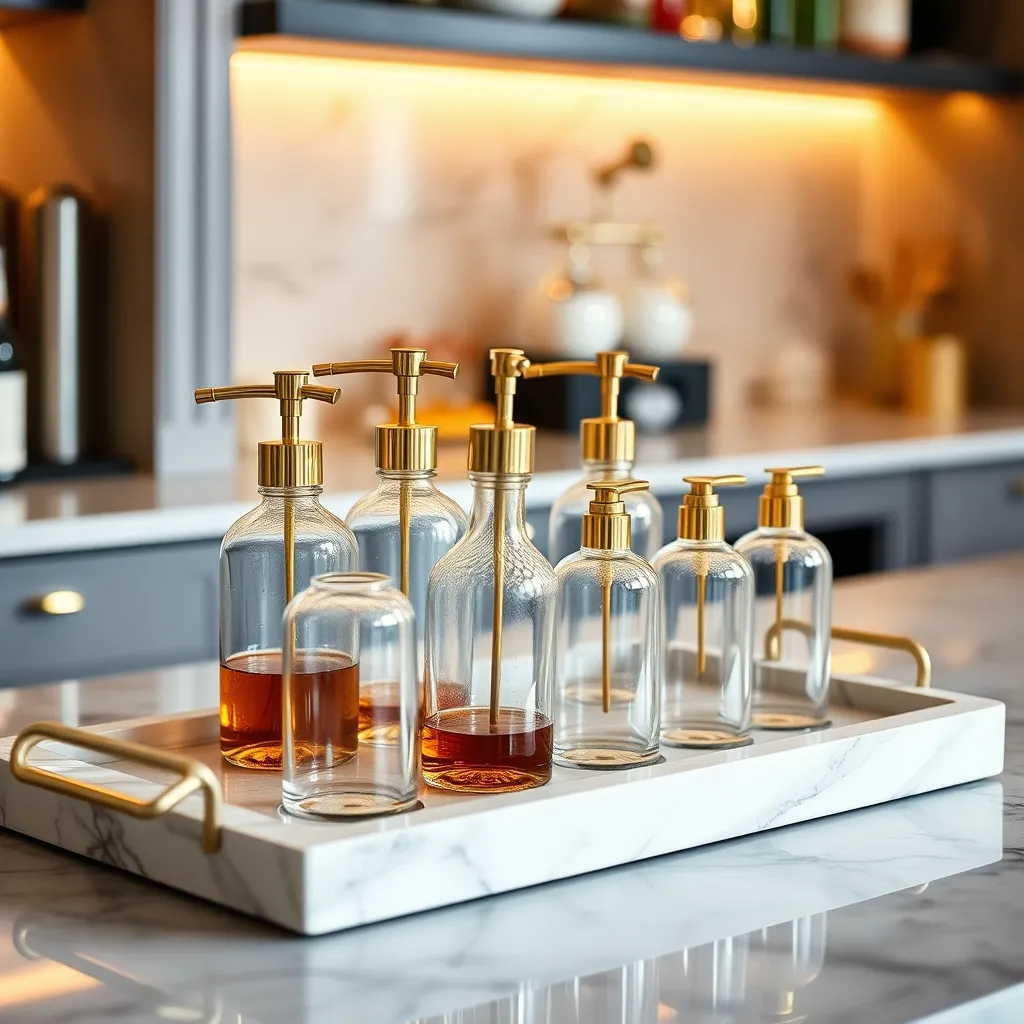 Gourmet coffee bar setup with glass syrup bottles