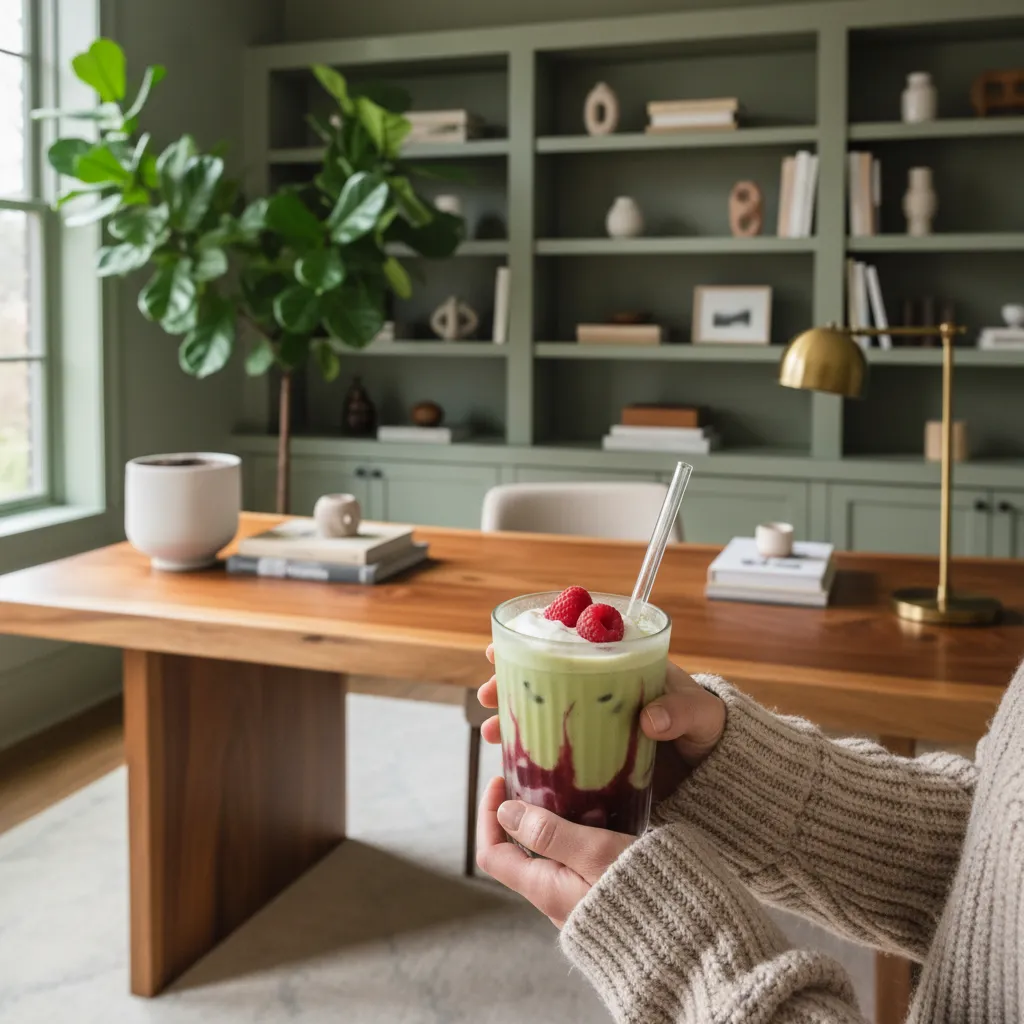 A person enjoying a matcha latte in a modern home office