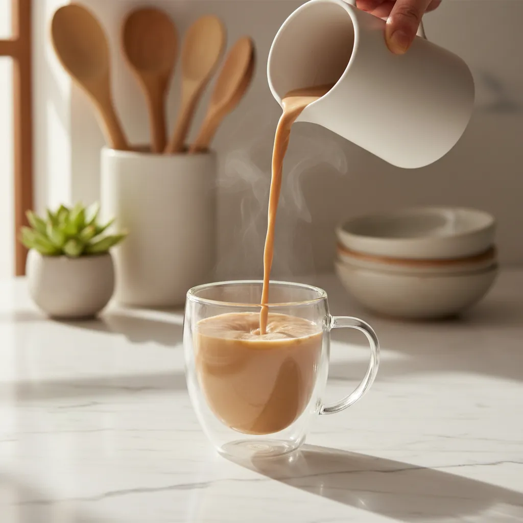 Pouring premier protein into coffee without curdling on a marble counter