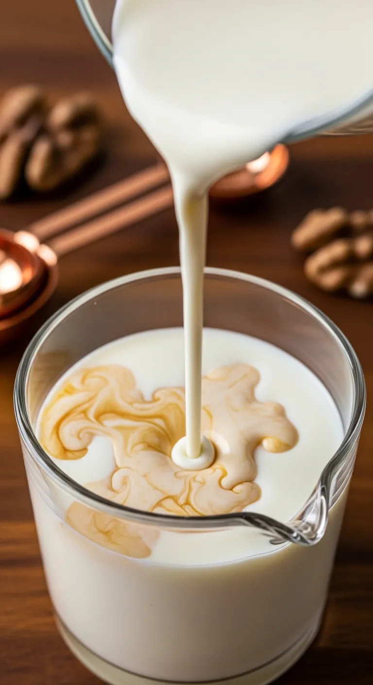 Heavy cream mixing with milk in a crystal carafe on a wooden countertop