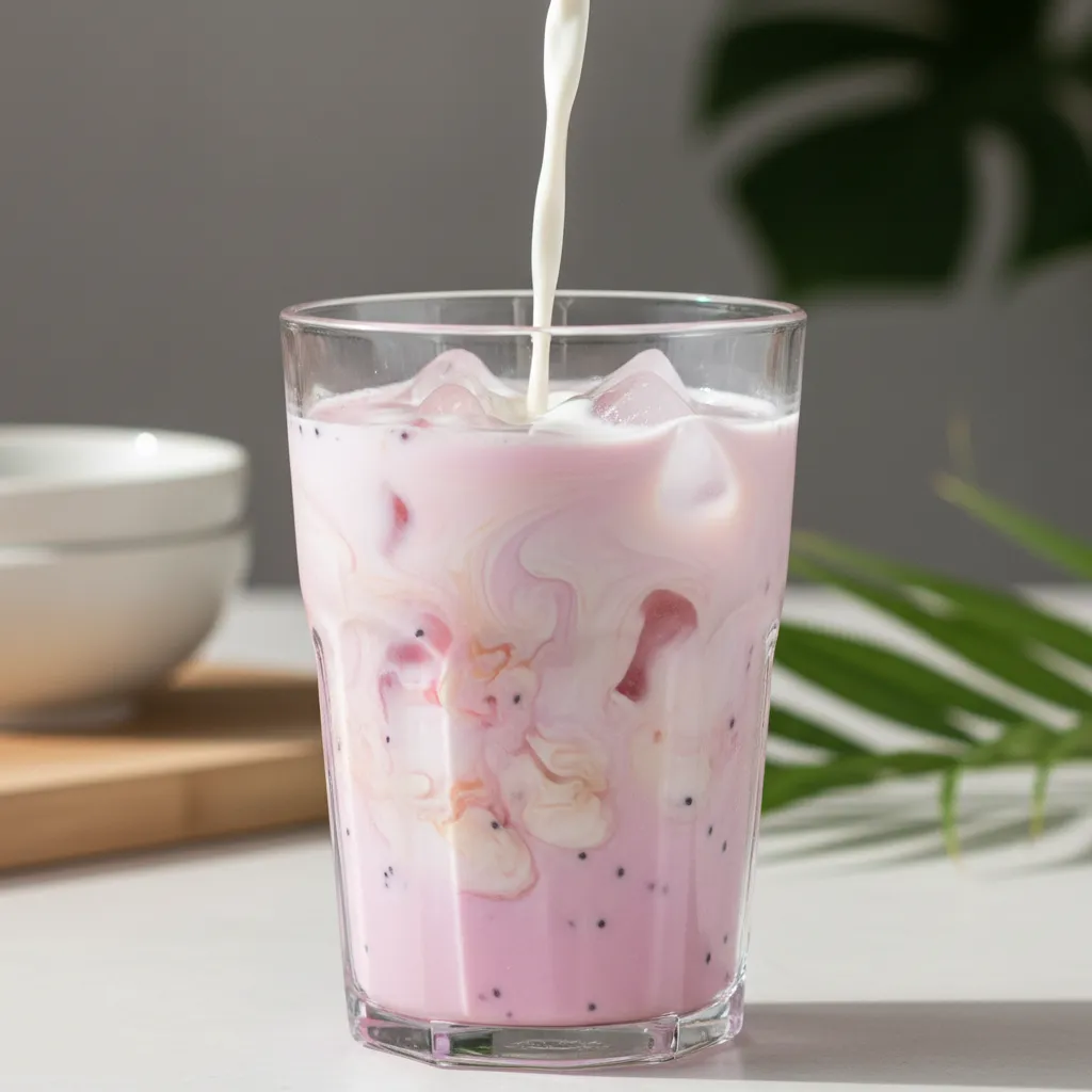 Coconut milk swirling into pink dragon fruit drink