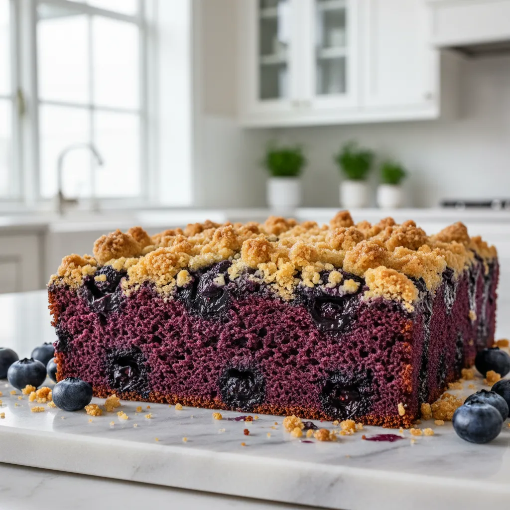 Close up of crumbly blueberry cake texture on marble