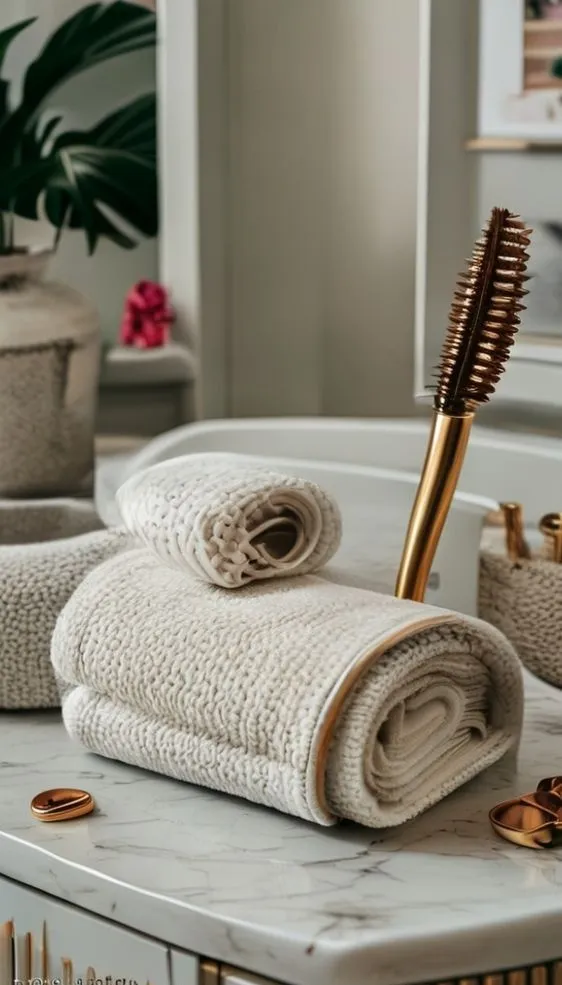 Close-up of a textured linen towel and a brass grooming brush on a bathroom vanity.