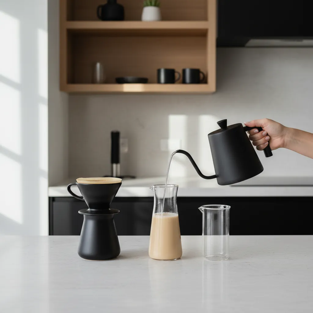 Barista tempering hot coffee with protein shake to prevent curdling