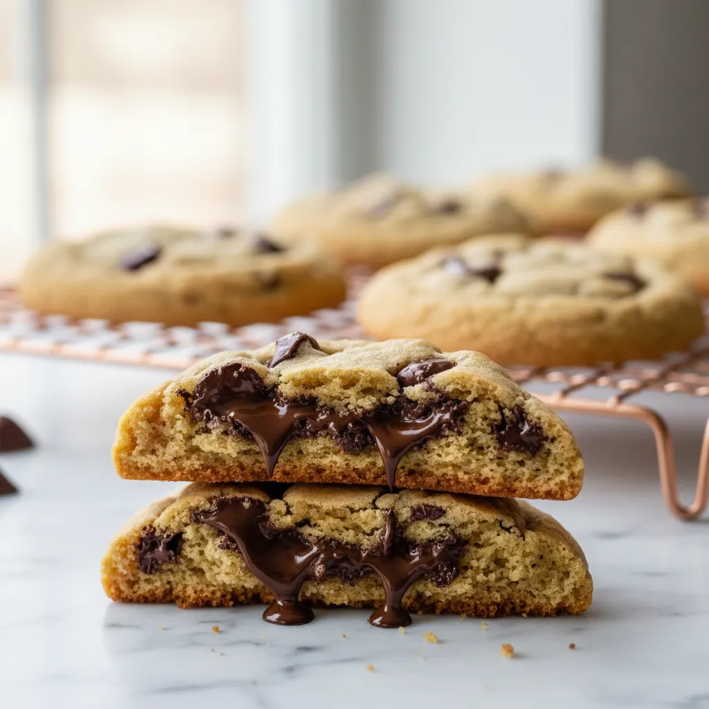 Close up showing the soft interior crumb of a sourdough chocolate chip cookie