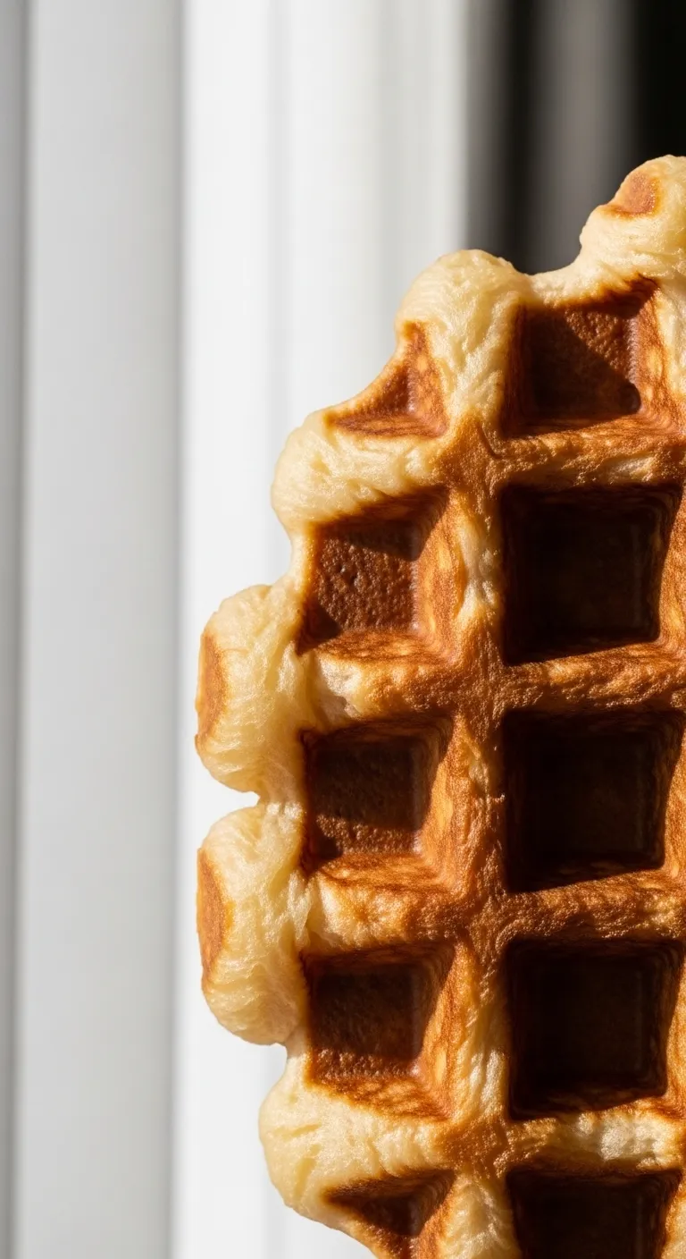 Close up side view of fluffy waffle interior and crispy edge