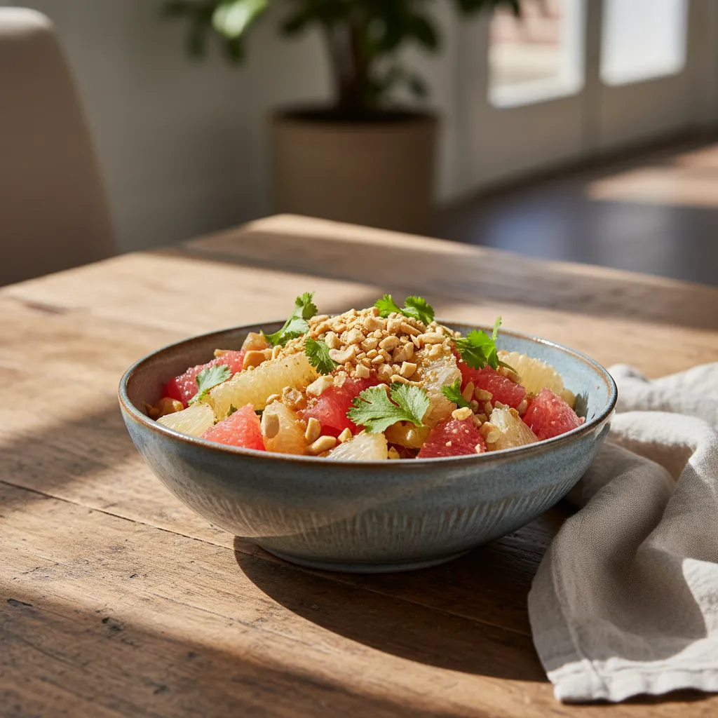 Red grapefruit and pomelo salad with peanuts in a ceramic bowl on a wooden table