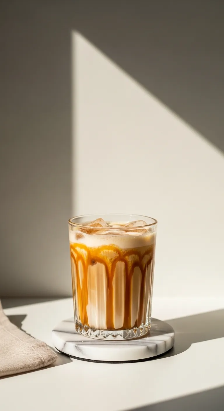 Iced Blondie breve coffee drink with caramel drizzle on marble