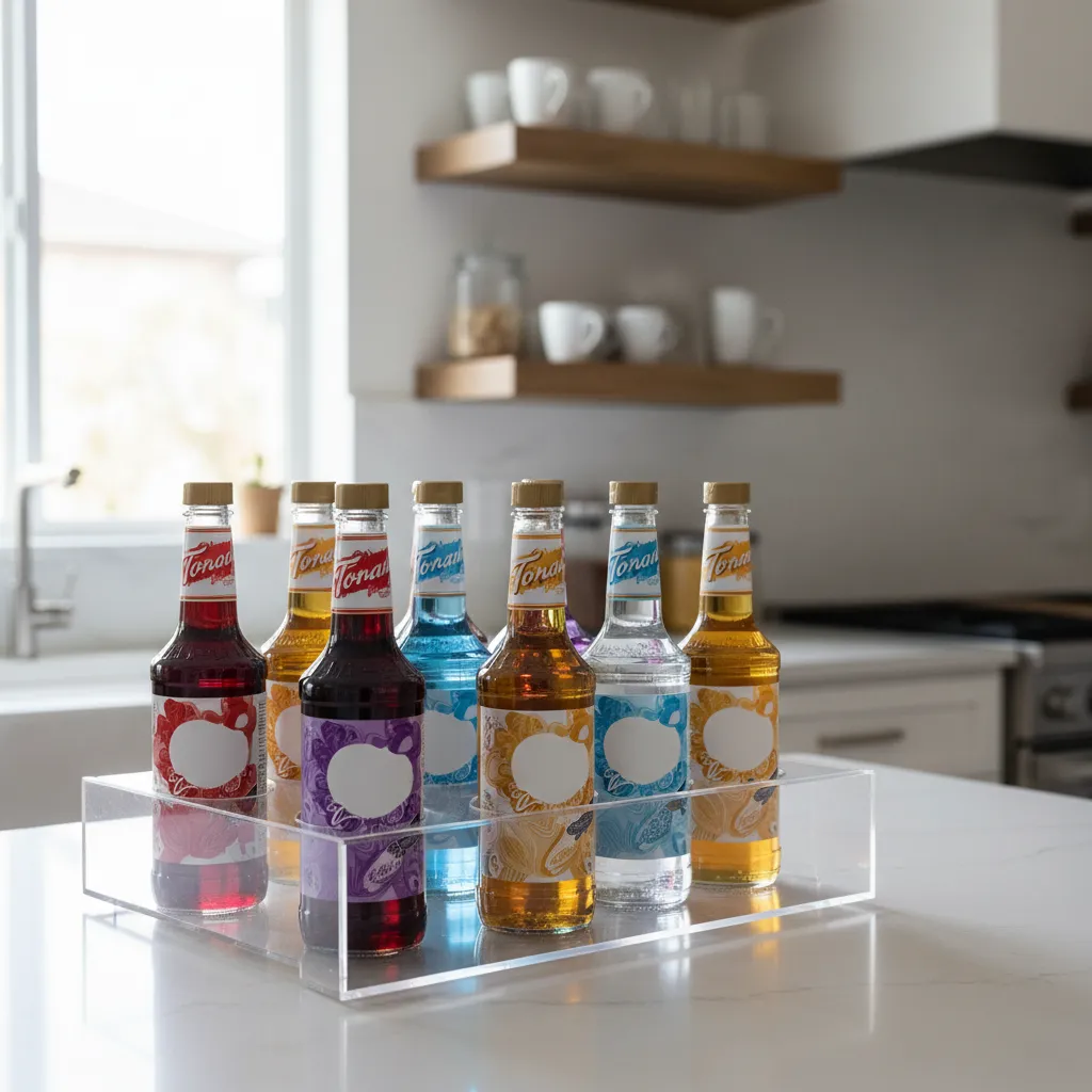Acrylic tiered stand organizing colorful coffee syrups on a modern kitchen counter