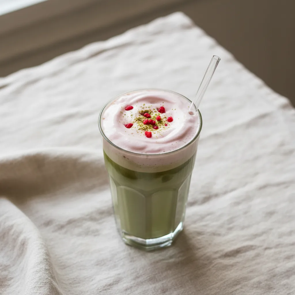 High angle view of a matcha latte with raspberry foam on linen.