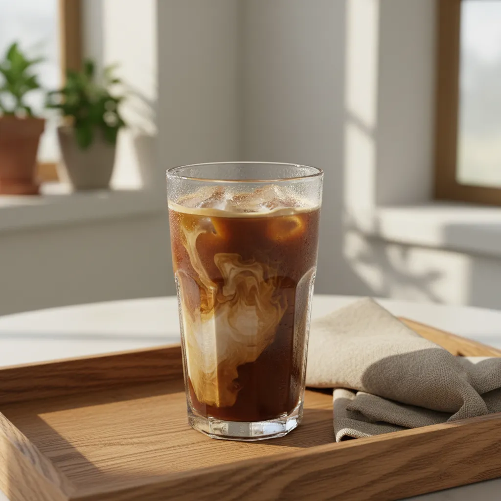A refreshing Dunkin iced coffee with cream swirls on a rustic wood tray in a bright modern kitchen.