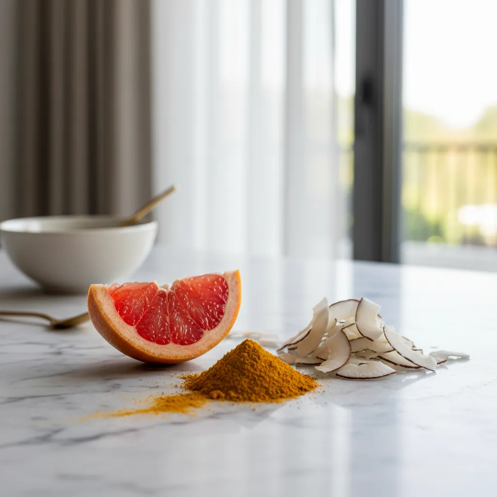 Close up of red grapefruit slice and turmeric powder on marble surface