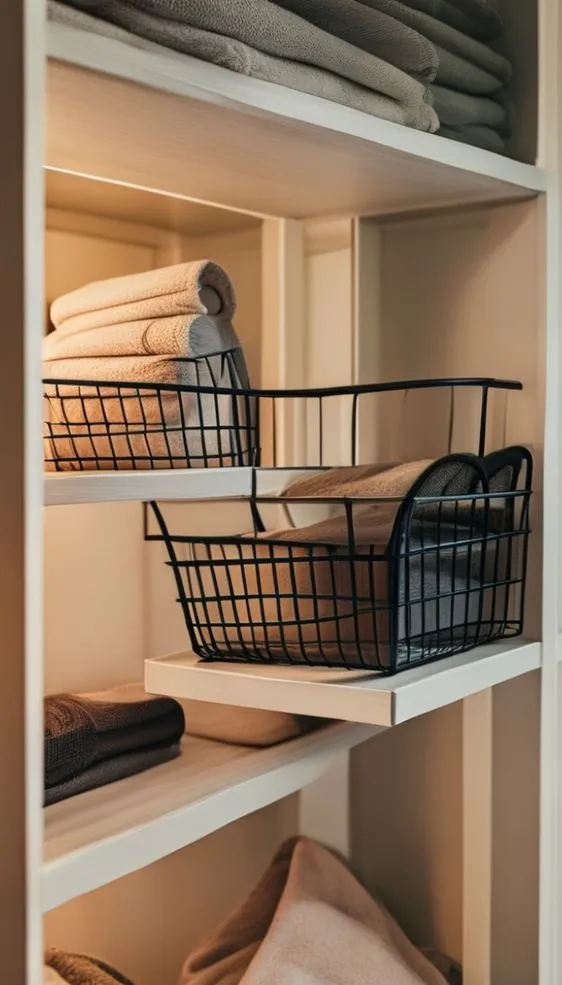 A matte black under-shelf wire basket holding folded scarves and socks in a well-organized closet.