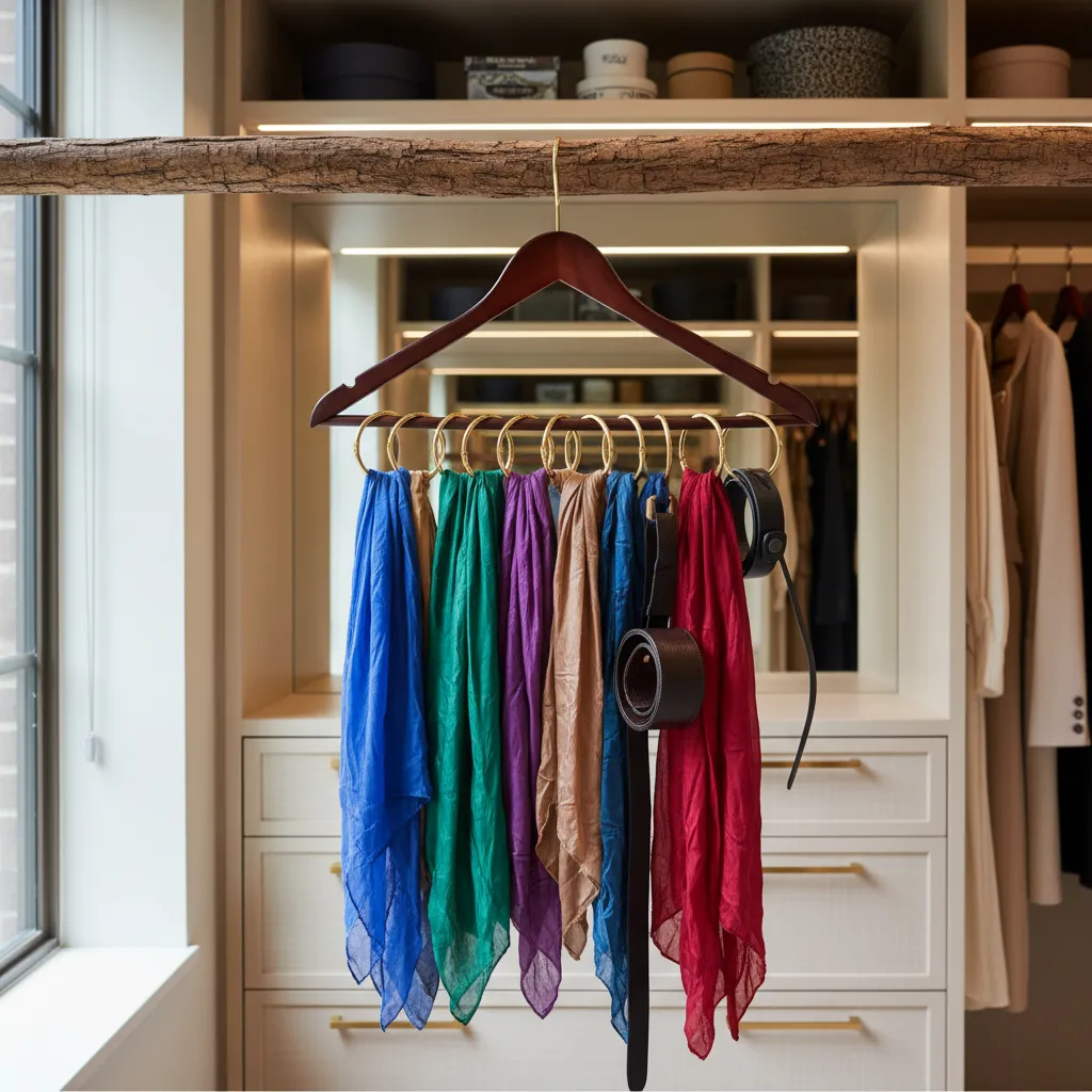 Silk scarves and leather belts hanging from upcycled gold rings in a modern closet.