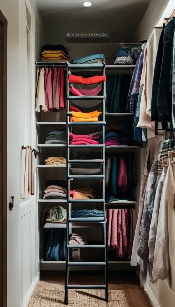A black metal ladder placed inside a closet for practical and aesthetic organization of scarves and accessories.