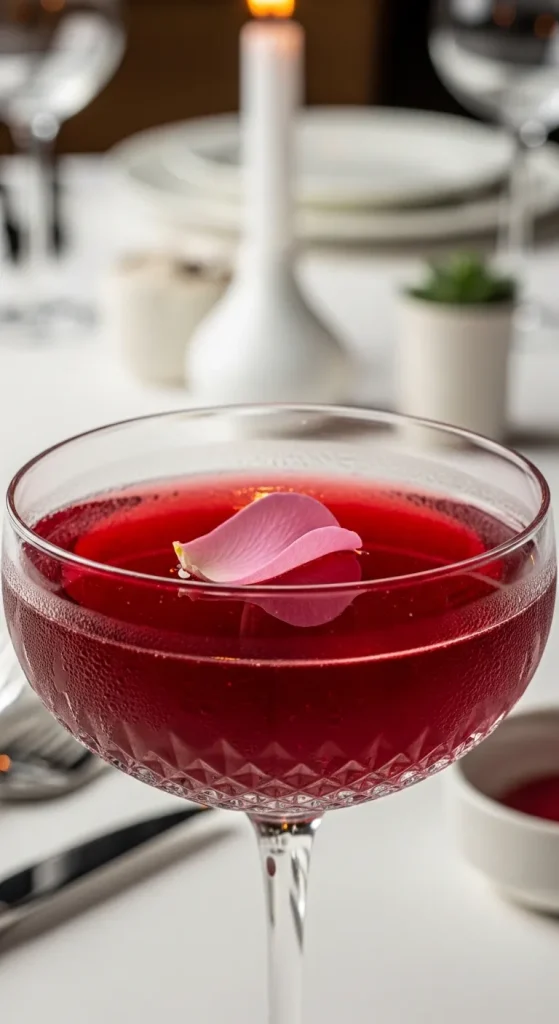Sparkling raspberry rose mocktail in a crystal coupe glass representing a sophisticated Valentines Day Drinks Nonalcoholic Recipe