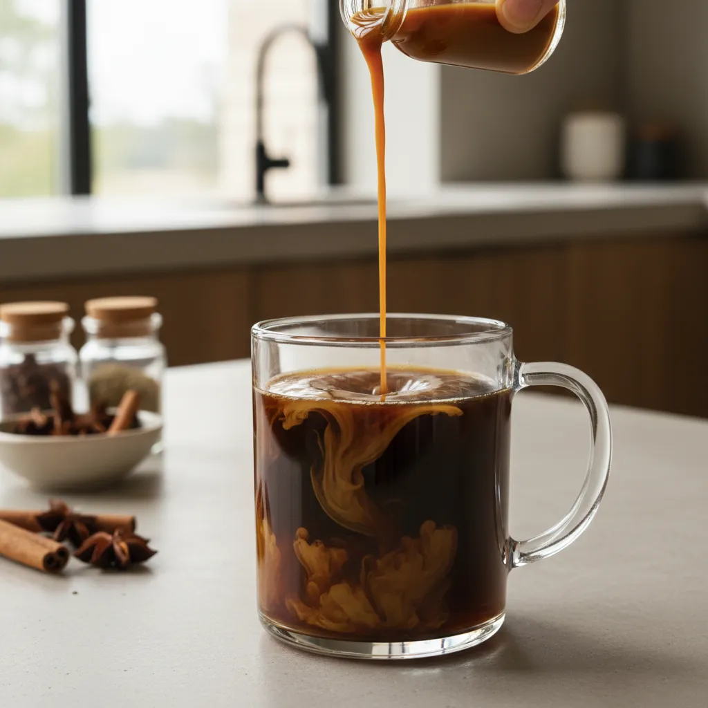 Vanilla extract creating marble pattern in black coffee cup