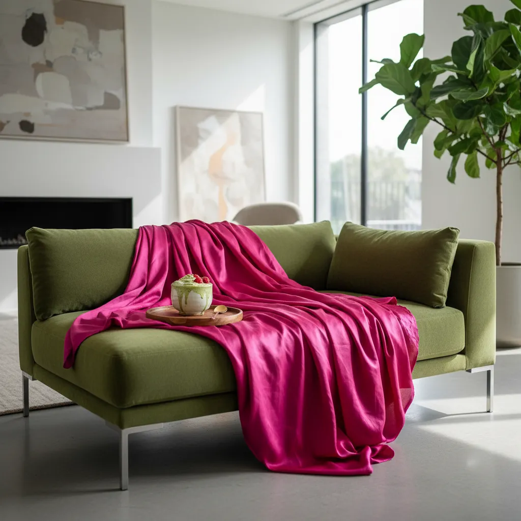 Close up of green velvet and pink silk fabrics in a modern room