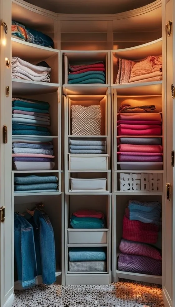 Organized closet drawers displaying file-folded jeans, scarves, and socks using dividers.