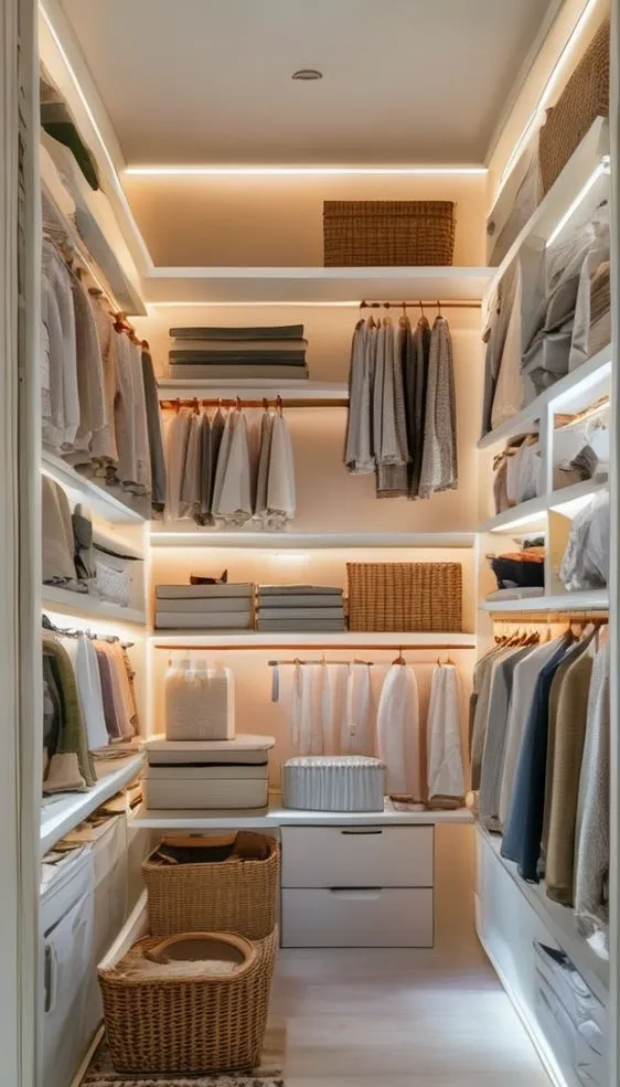 Modern white closet featuring tiered adjustable shelving reaching the ceiling for maximized vertical clearance.