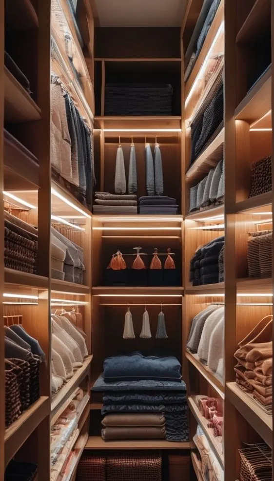 Vertical closet shelves with clear bins and integrated lighting