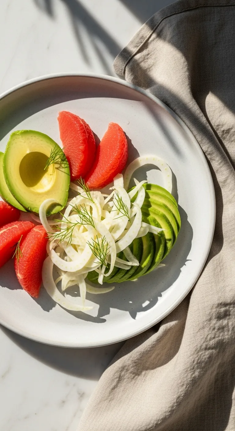 Healthy red grapefruit and avocado salad plated on white ceramic with shaved fennel