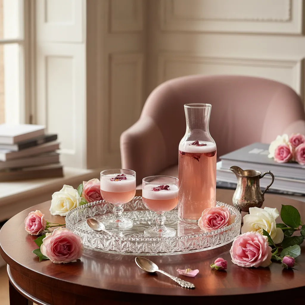 Vintage etched tray with rose water lemonade and antique silver accents