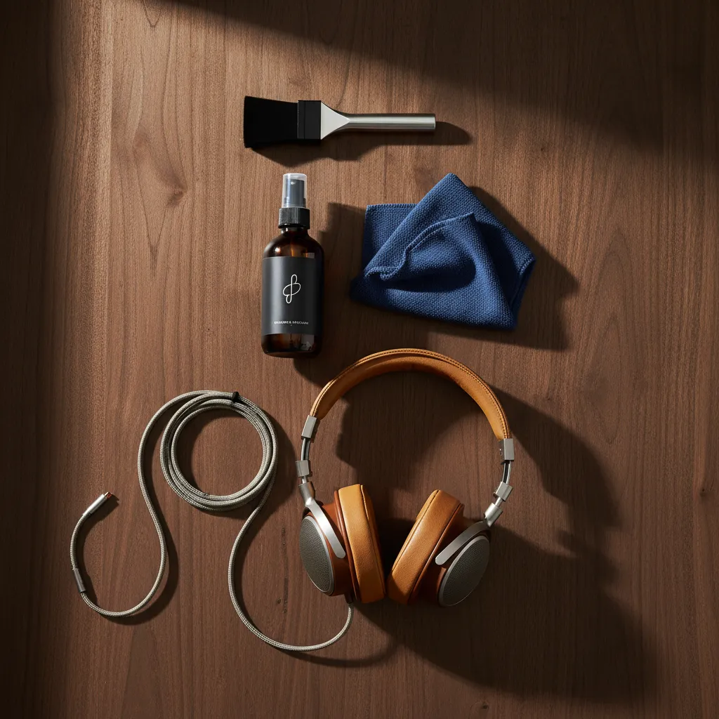 Essential items for a vinyl record care kit, including a brush, cleaning solution, and headphones.