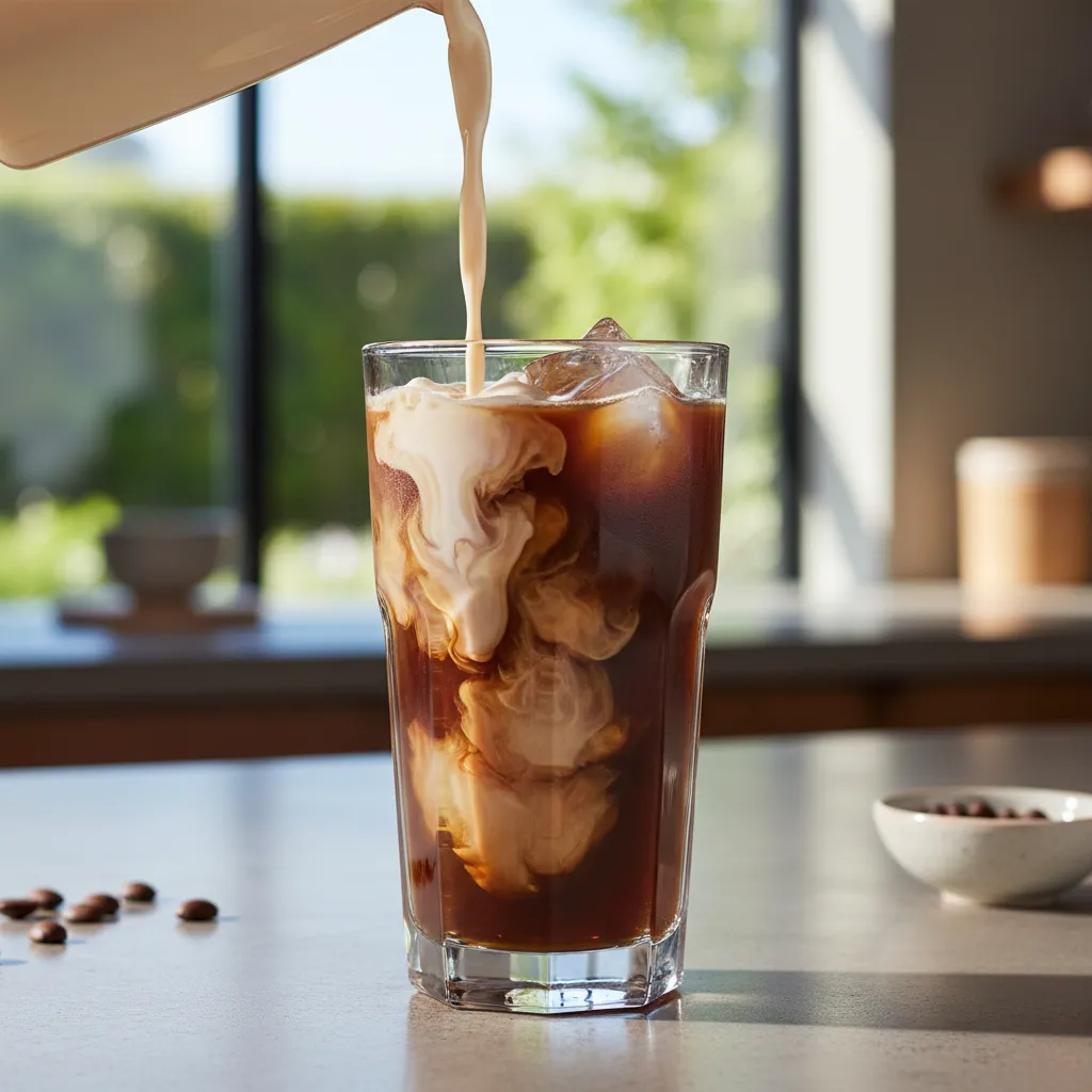 Creamy protein shake swirling into iced black coffee in a tall glass on a marble countertop