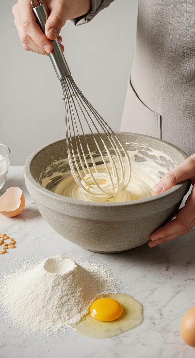 Creamy sourdough waffle batter in a stoneware bowl on marble