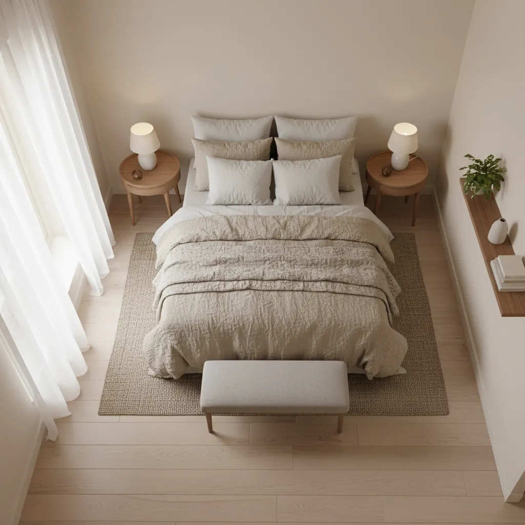 Top down view of minimalist 10x12 bedroom with neutral decor and efficient layout