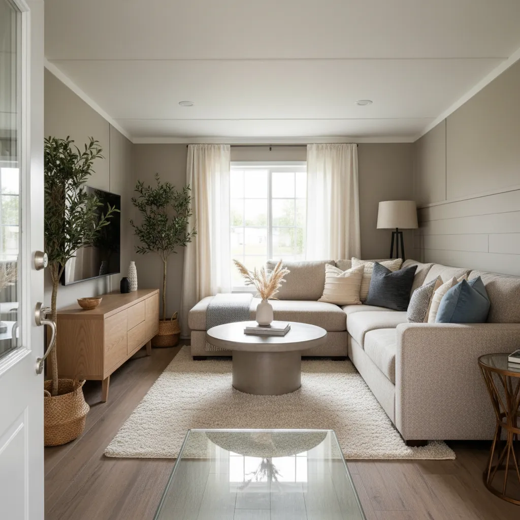 14 foot wide single wide living room with functional zoning and flow