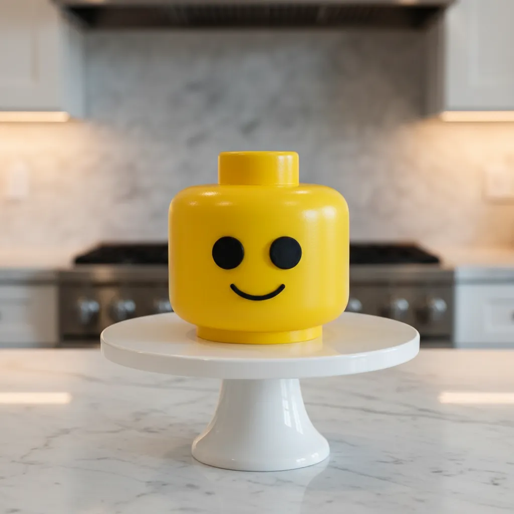 Yellow fondant Lego minifigure head cake on a white stand in a modern kitchen