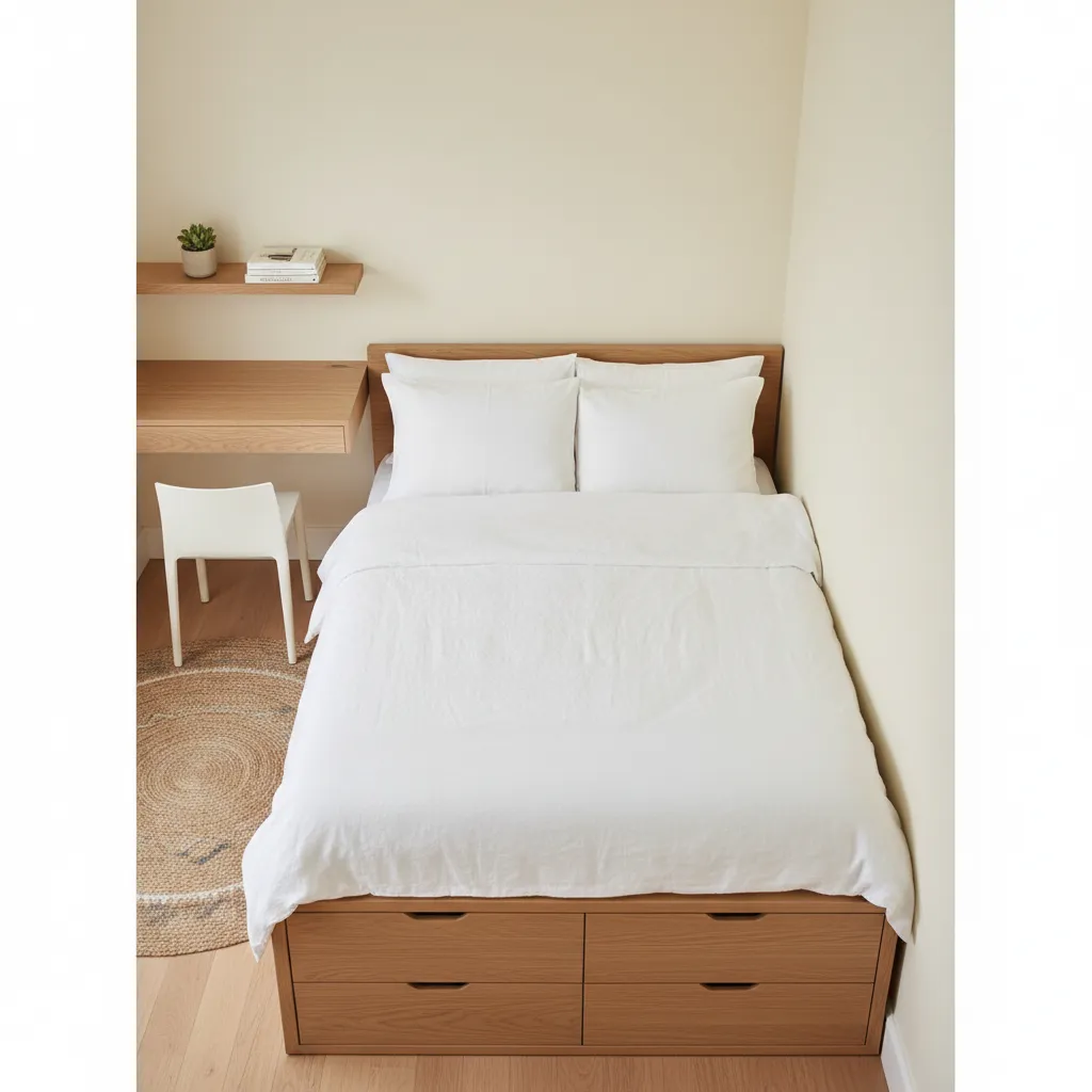 Top down view of an 8x10 minimalist bedroom layout with storage furniture