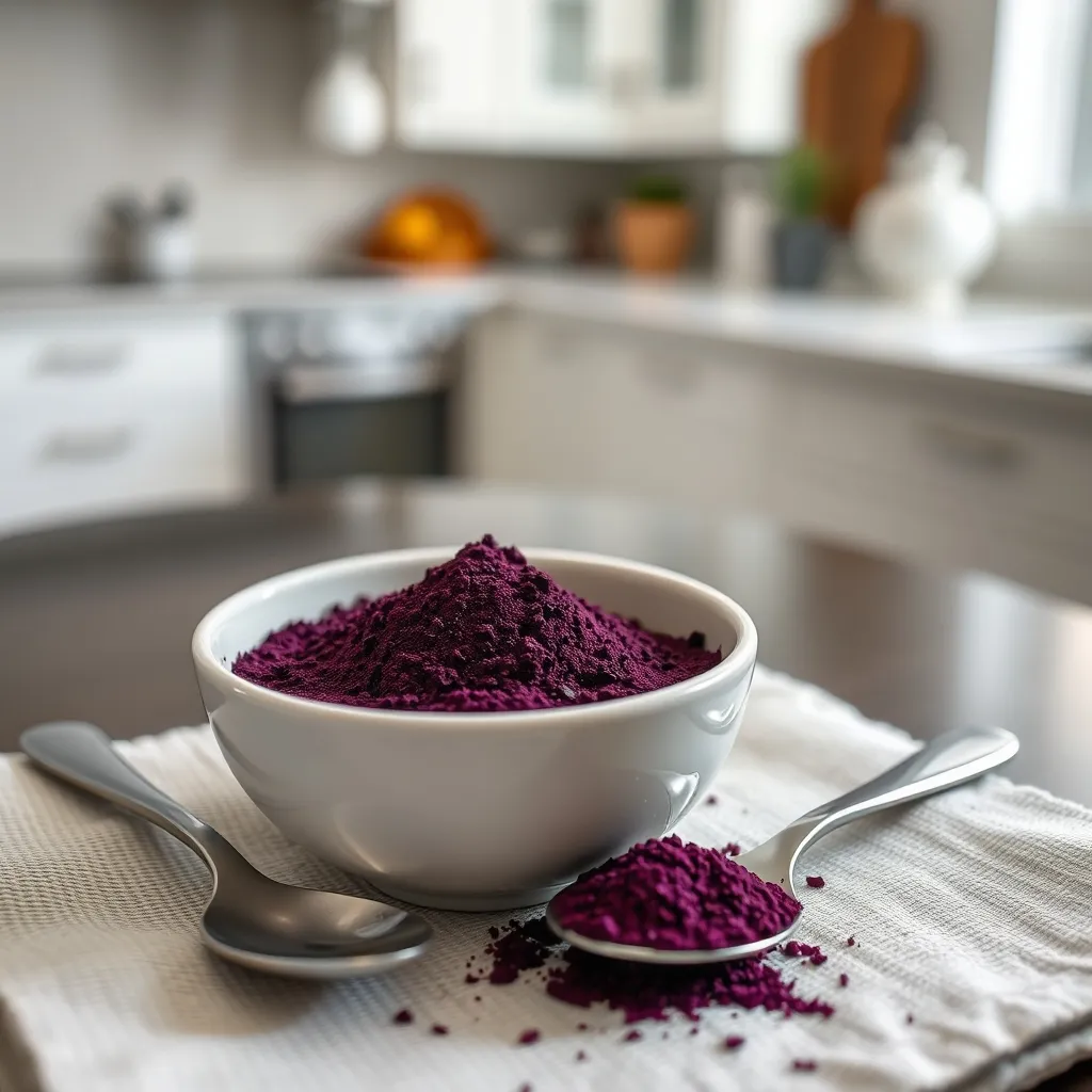 A detailed close-up of vibrant acai powder, a key ingredient for a DIY refresher base.