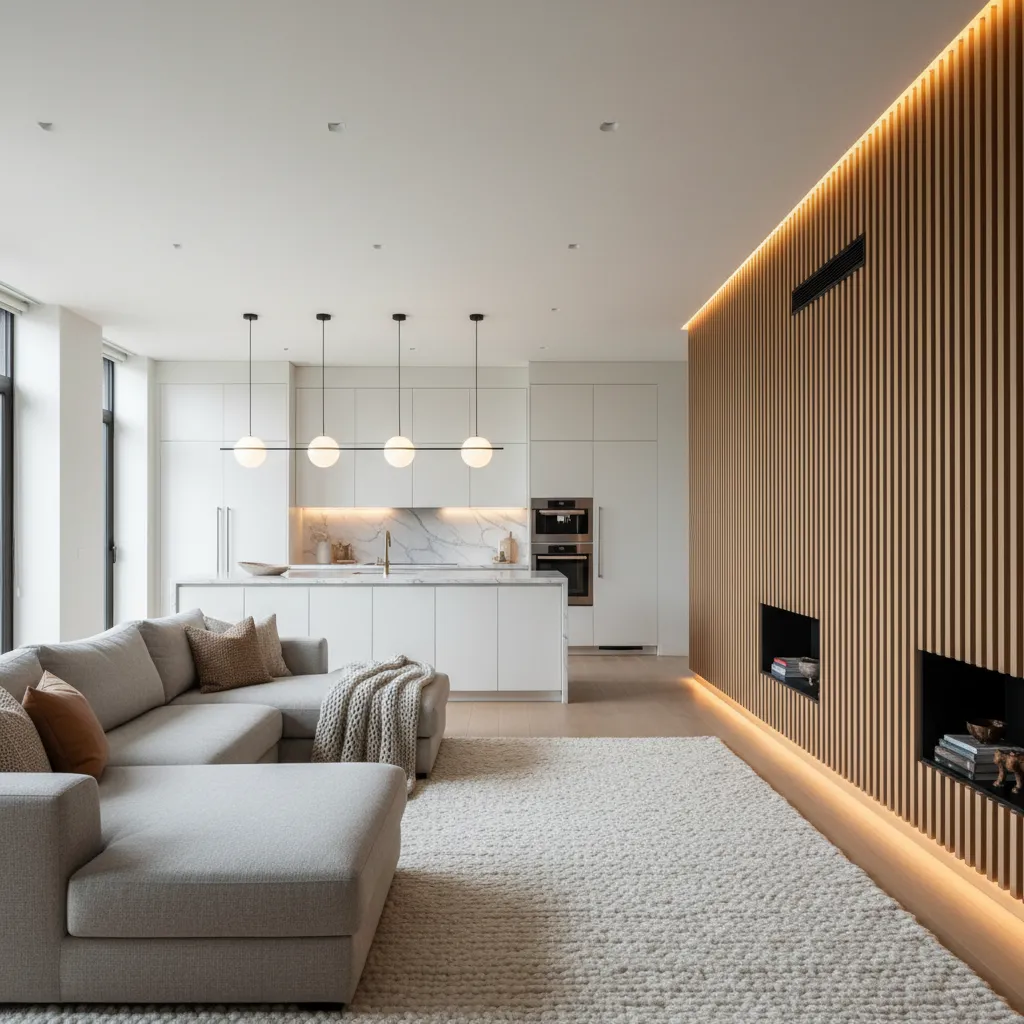 Modern open living room featuring acoustic wood slat wall and plush textiles for noise reduction