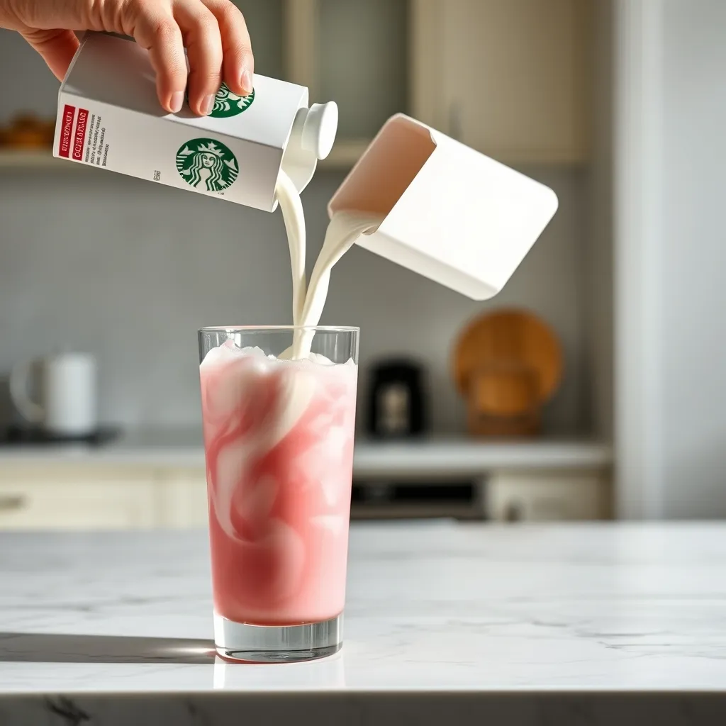 Creamy coconut milk swirls into a glass to create the classic Pink Drink texture.