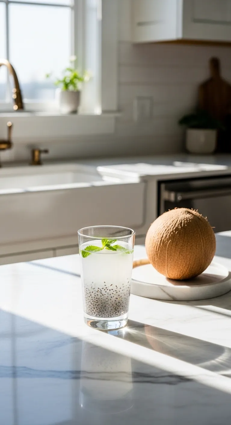 Glass of coconut water with chia seeds on a marble countertop in a sunlit kitchen