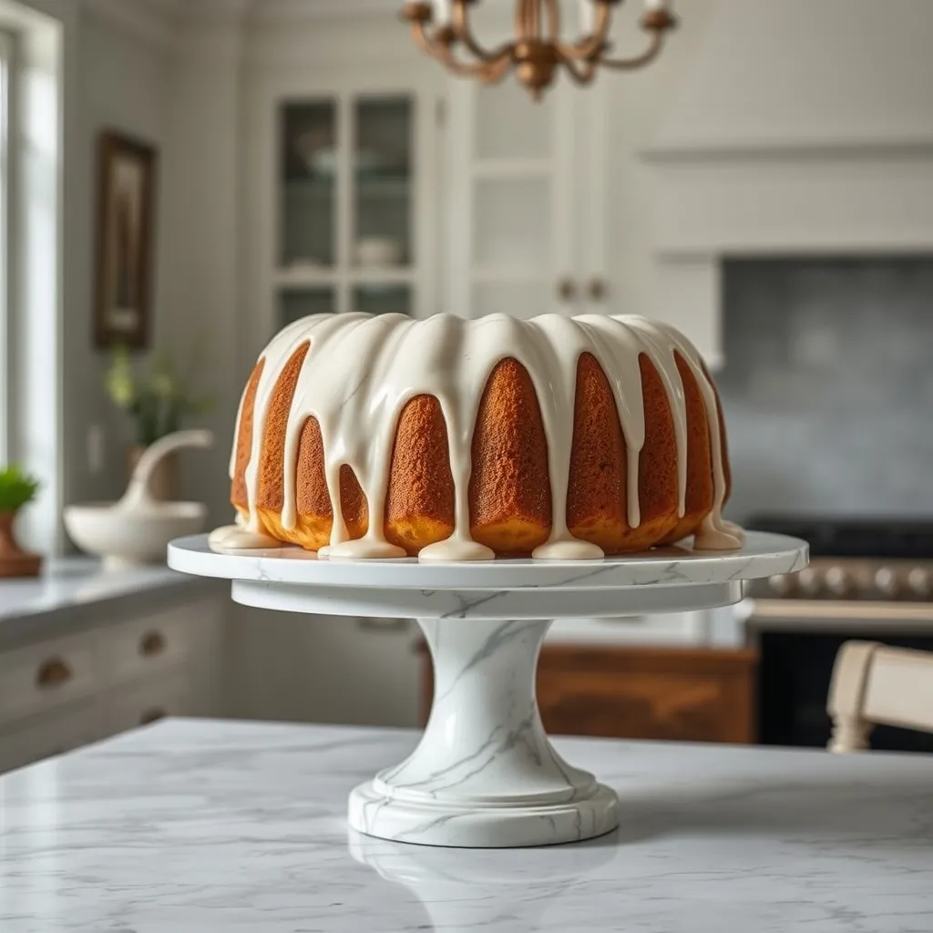 A beautiful sour cream coffee cake with vanilla bean glaze on a marble stand.