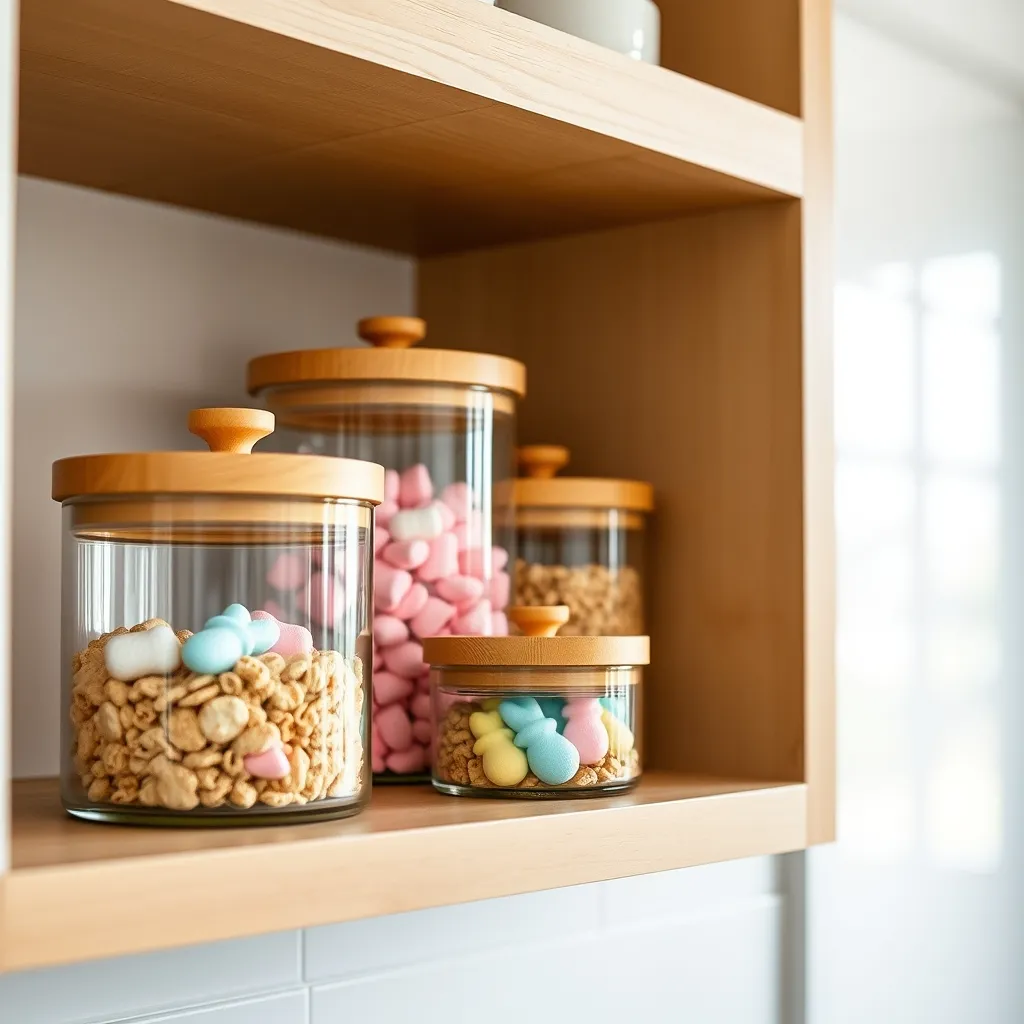 Glass and bamboo storage containers on a kitchen shelf